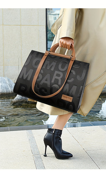 Classic Letter Embossed Tote Bag, Colorblock Shoulder Bag, All-Match Satchel Bag For Work
