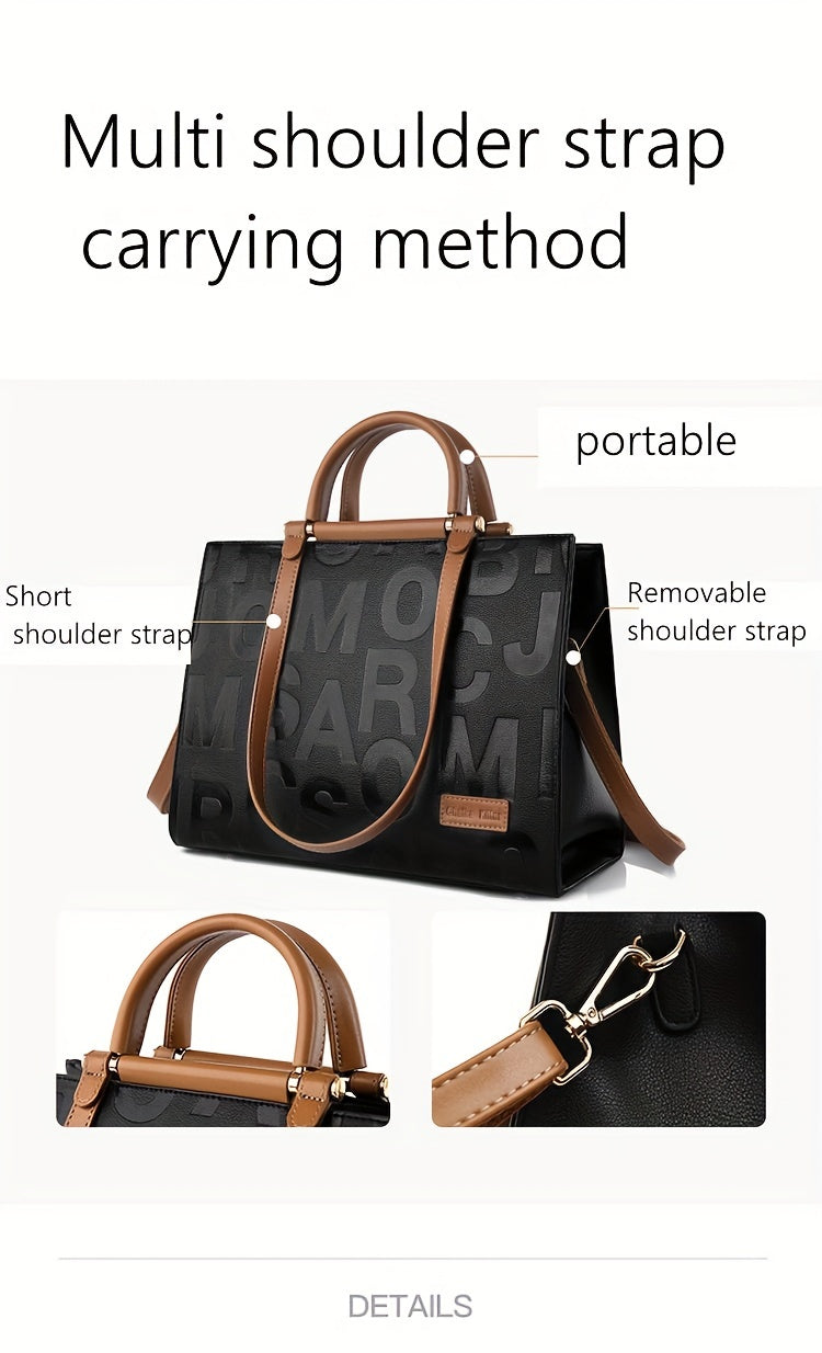 Classic Letter Embossed Tote Bag, Colorblock Shoulder Bag, All-Match Satchel Bag For Work