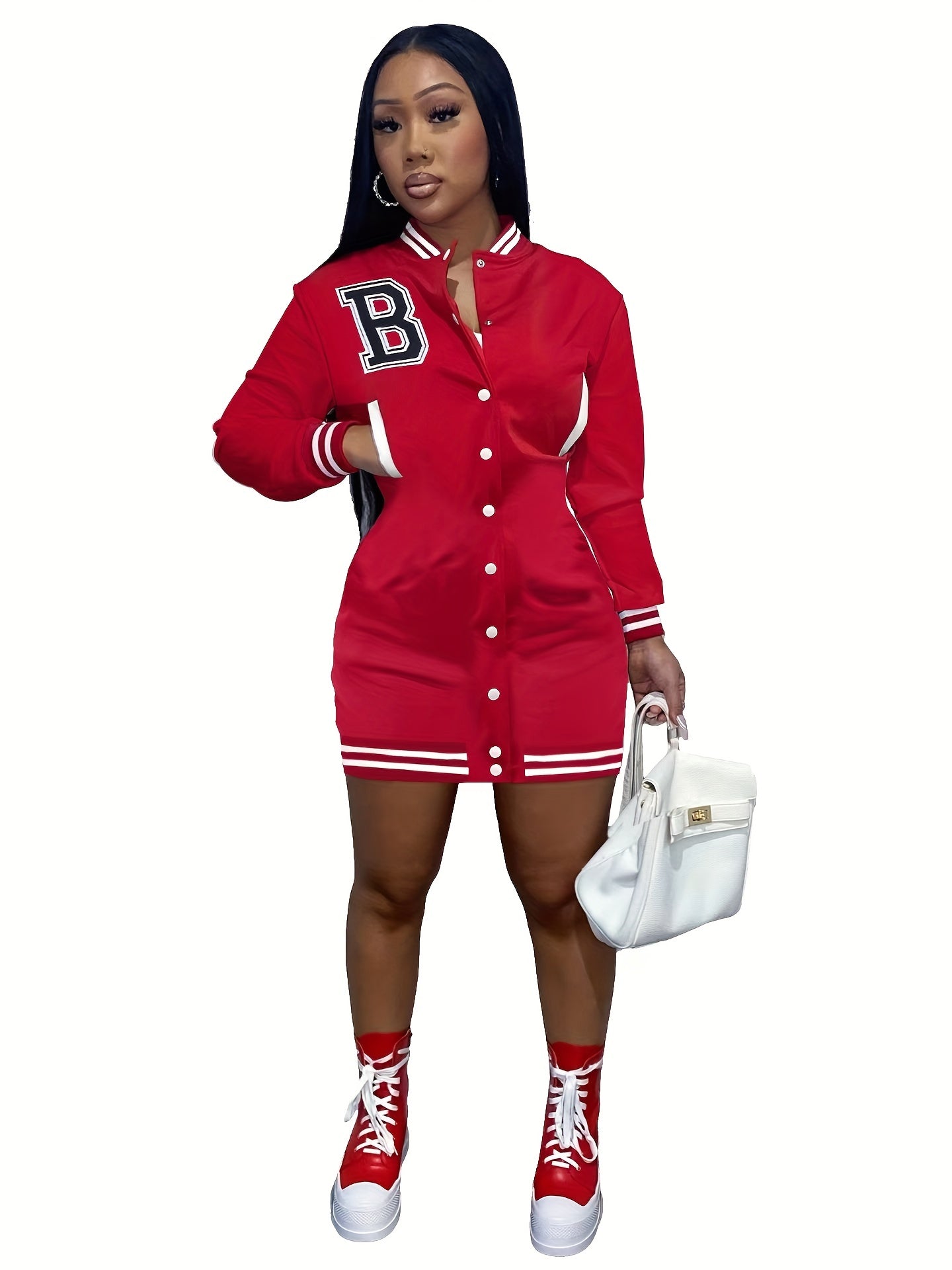 Womens Chic Letter Pattern Mini Dress - Versatile Button Front, Long Sleeve Slim Fit - Stylish Everyday Clothing