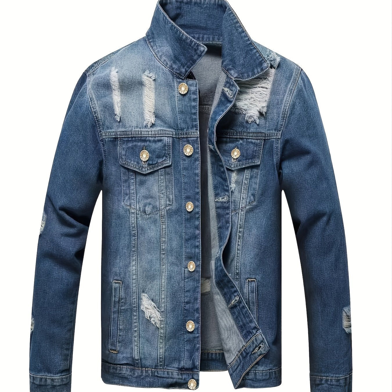 Men's Ripped Denim Jacket with Multiple Pockets, Casual Street Style Denim Jacket