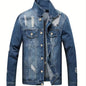 Men's Ripped Denim Jacket with Multiple Pockets, Casual Street Style Denim Jacket