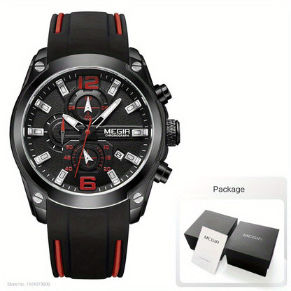 Megir Men's Chronograph Analog Quartz Watch - Date Function, Luminous Display, Soft Silicone Rubber Strap, Stylish Wristwatch Ideal for Gifts, Everyday Wear