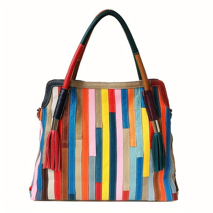 Retro 3D Flower Embroidery Tote Bag, Women's Colorblock Patchwork Purse, Large Capacity Genuine Leather Crossbody Bag