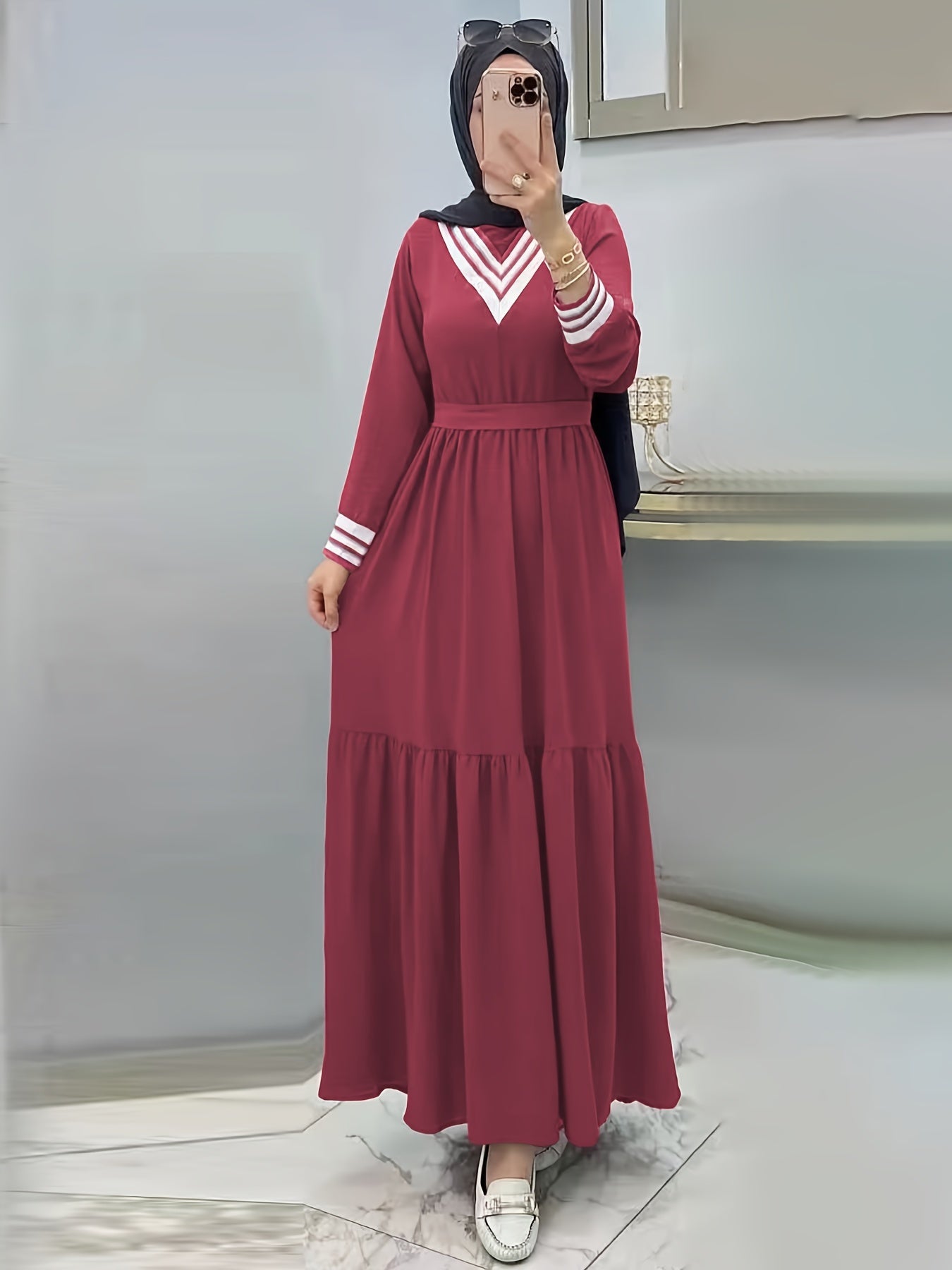 Ramadan Elegant Long Sleeve Tie Waist Maxi Modest Dress - Abayas for Women with Solid Color, Comfortable Wear, and Modest Fashion - Perfect for Islamic Occasions and Everyday Wear
