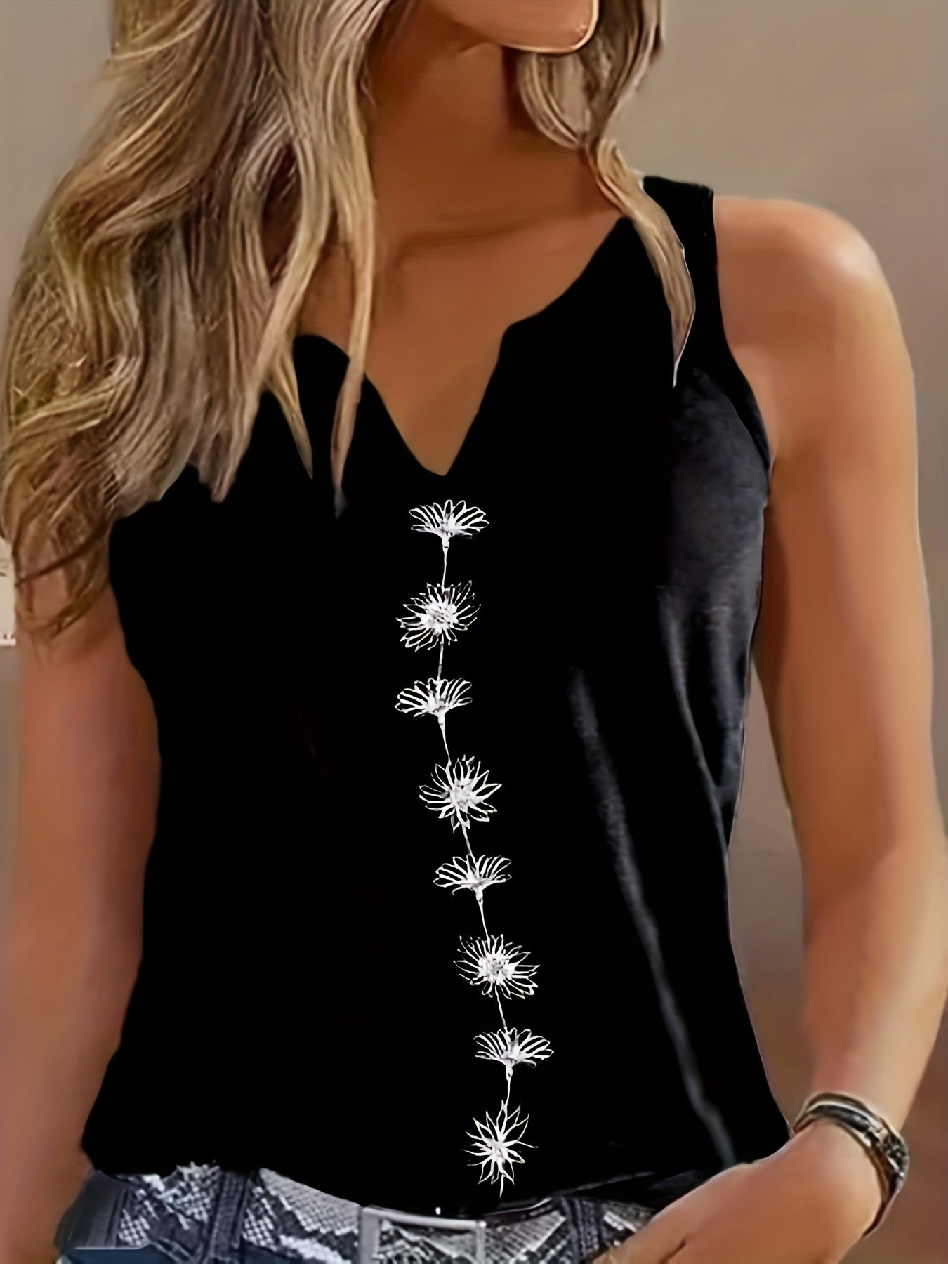 Chic Summertime Floral Tank Top – Breezy Sleeveless Notch Neck Design – Versatile Womens Fashion