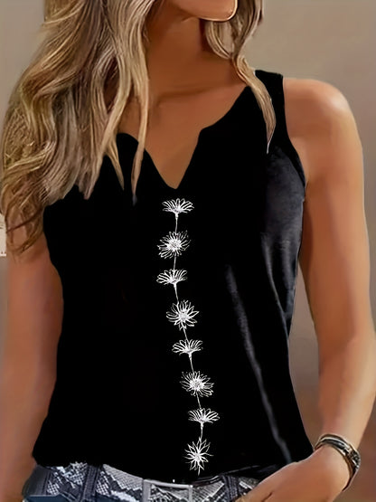 Chic Summertime Floral Tank Top – Breezy Sleeveless Notch Neck Design – Versatile Womens Fashion