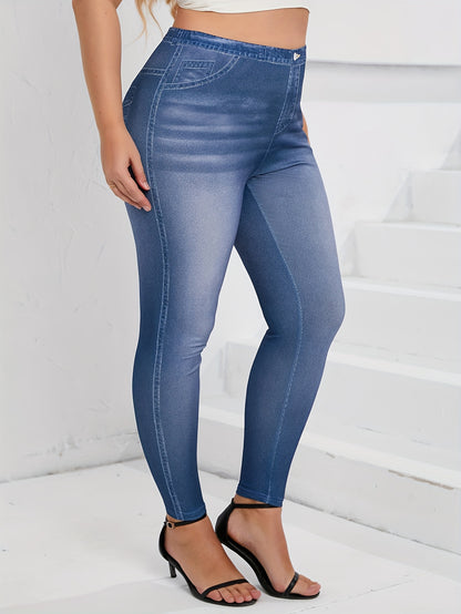 Plus Size Casual Pants, Women's Plus Denim Print Elastic High Rise High Stretch Skinny Trousers