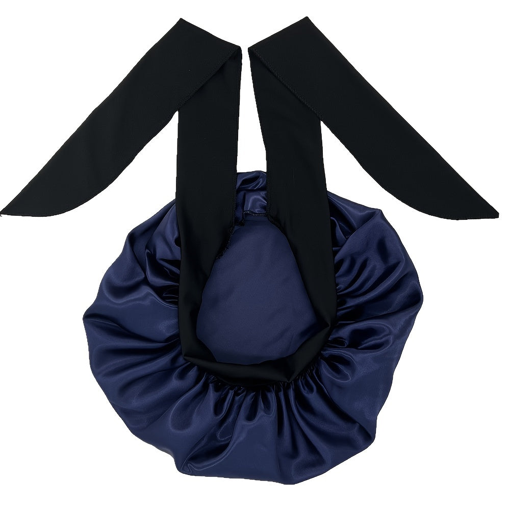 ZTZI Jumbo Satin Sleep Bonnet with Adjustable Elastic Tie Band - Large Black Hair Bonnet for Women, Stretchy Straps for Long Curly Braid Hair Protection, Soft Polyester Material