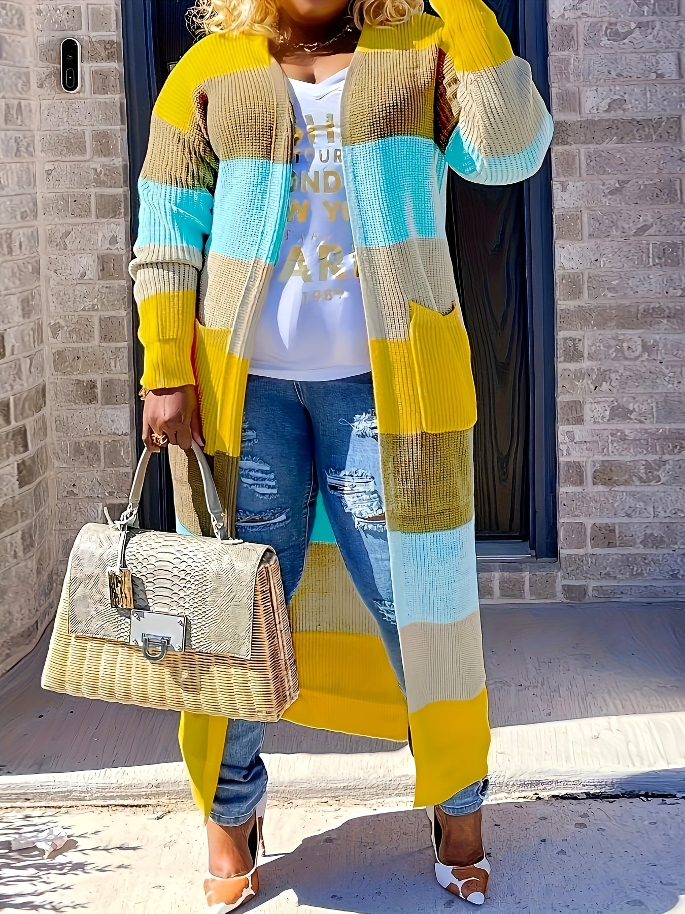 Long Sleeve Color Block Knit Cardigan - Stylish Open Front, Cozy Casual Sweater with Convenient Pockets, Perfect for Womens Everyday Wear