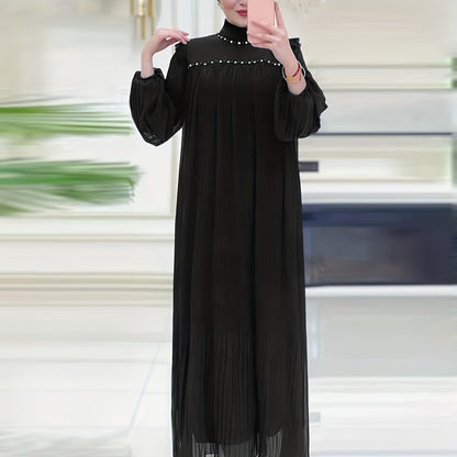 Elegant Pleated Maxi Dress for Women - Solid Color, Belted Waist, Long Sleeve, Machine Washable - Perfect for Ramadan & Casual Attire
