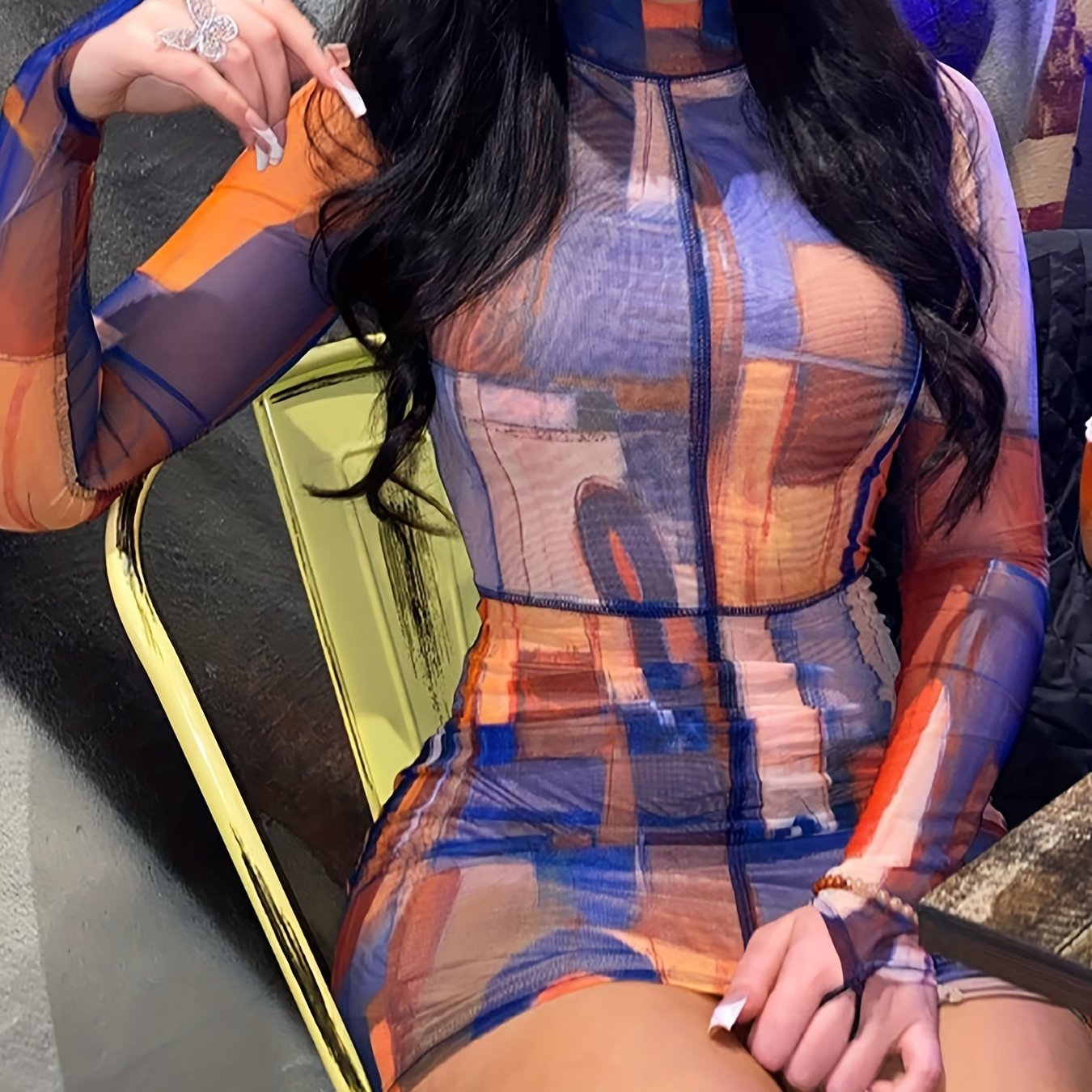 Geo Print Bodycon Dress, Casual Mock Neck Long Sleeve Dress, Women's Clothing For Party Dressing