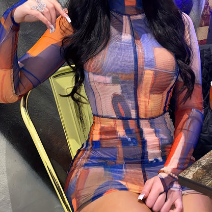 Geo Print Bodycon Dress, Casual Mock Neck Long Sleeve Dress, Women's Clothing For Party Dressing