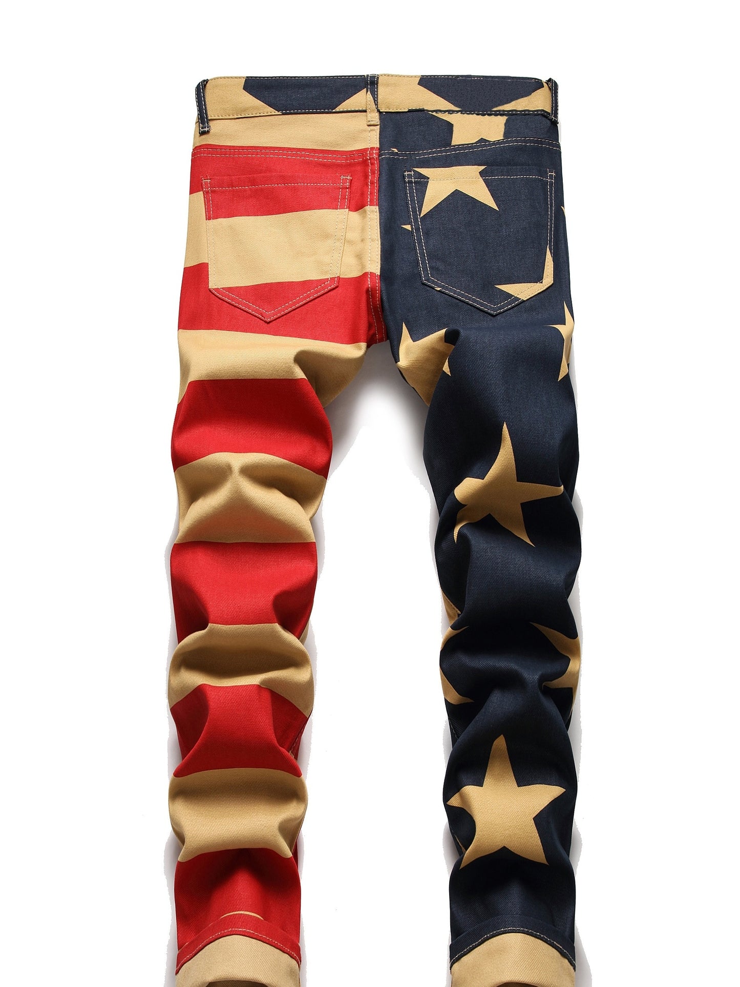 Mens Fashion Flag Print Denim Pants - Bold Color Block Design for Casual Street Style - Comfortable Fit Jeans for Everyday Wear