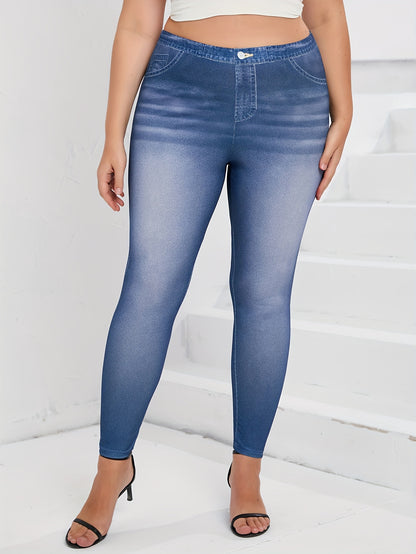 Plus Size Casual Pants, Women's Plus Denim Print Elastic High Rise High Stretch Skinny Trousers