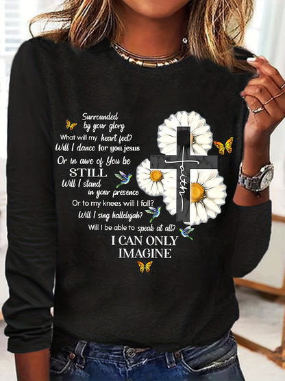 Floral & Letter Print Tee, Casual Long Sleeve Crew Neck T-shirt, Women's Clothing