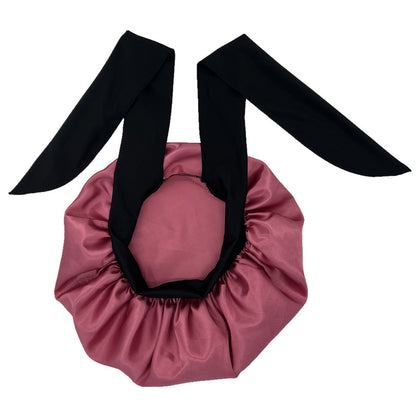ZTZI Jumbo Satin Sleep Bonnet with Adjustable Elastic Tie Band - Large Black Hair Bonnet for Women, Stretchy Straps for Long Curly Braid Hair Protection, Soft Polyester Material