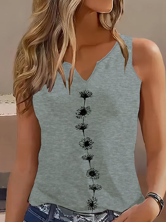 Chic Summertime Floral Tank Top – Breezy Sleeveless Notch Neck Design – Versatile Womens Fashion