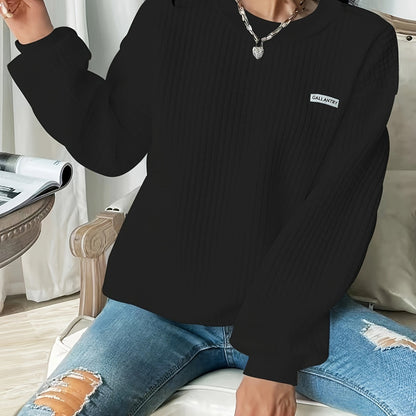 Waffle Loose Sweatshirt, Casual Long Sleeve Crew Neck Sweatshirt, Women's Clothing