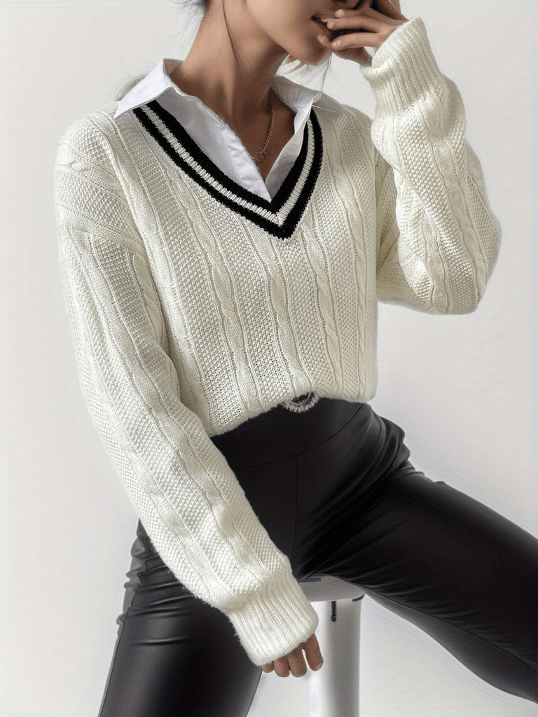 V Neck Cable Knit Pullover Sweater, Casual Long Sleeve Drop Shoulder Sweater, Women's Clothing
