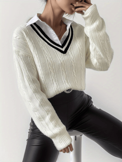 V Neck Cable Knit Pullover Sweater, Casual Long Sleeve Drop Shoulder Sweater, Women's Clothing