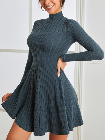 Solid Ribbed Dress, Casual Mock Neck Long Sleeve Dress, Women's Clothing
