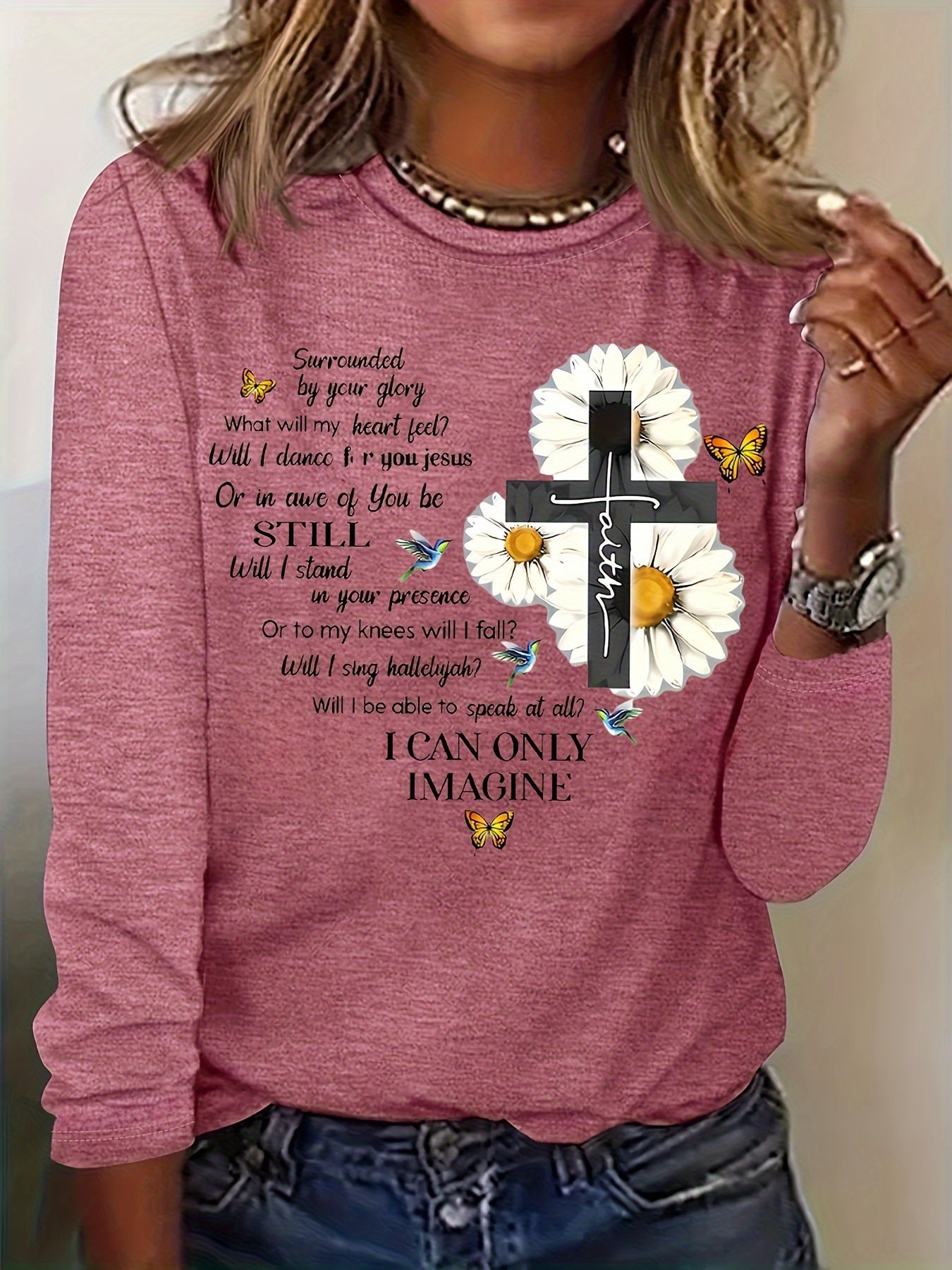 Floral & Letter Print Tee, Casual Long Sleeve Crew Neck T-shirt, Women's Clothing