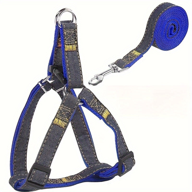 [Small to Large Adjustable Harness] Denim Dog Harness and Leash Set - Adjustable, Comfort Fit for Small to Large Breeds - Durable Polyester Material, Pulling Rope, Teddy