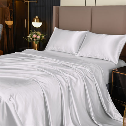 4-Piece Luxurious Satin Bedding Set - Silky Smooth, Breathable Comfort for All Seasons - Ideal for Home and Hotel - Includes Flat Sheet, Elasticized Fitted Sheet, and 2 Pillowcases