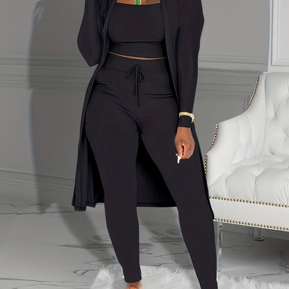 Casual Ribbed 3pcs Set, Crop Tank Top + High Waist Drawstring Pants + Longline Cardigan Outfits, Women's Clothing
