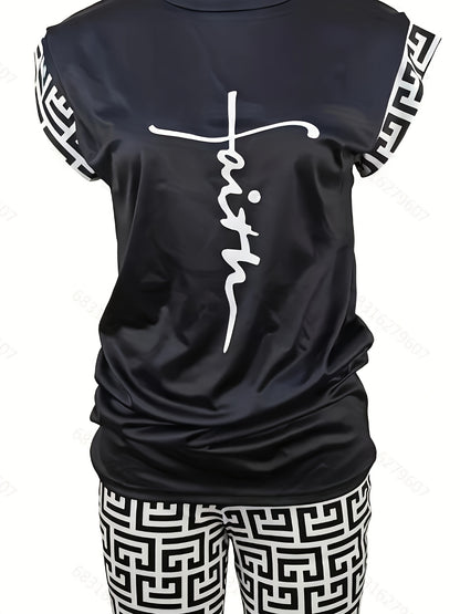 Womens Trendy Letter Print Pajama Set - Soft Short Sleeve Crew Neck Top & Shorts - Lightweight Sleepwear for Casual Lounging and Nighttime Comfort