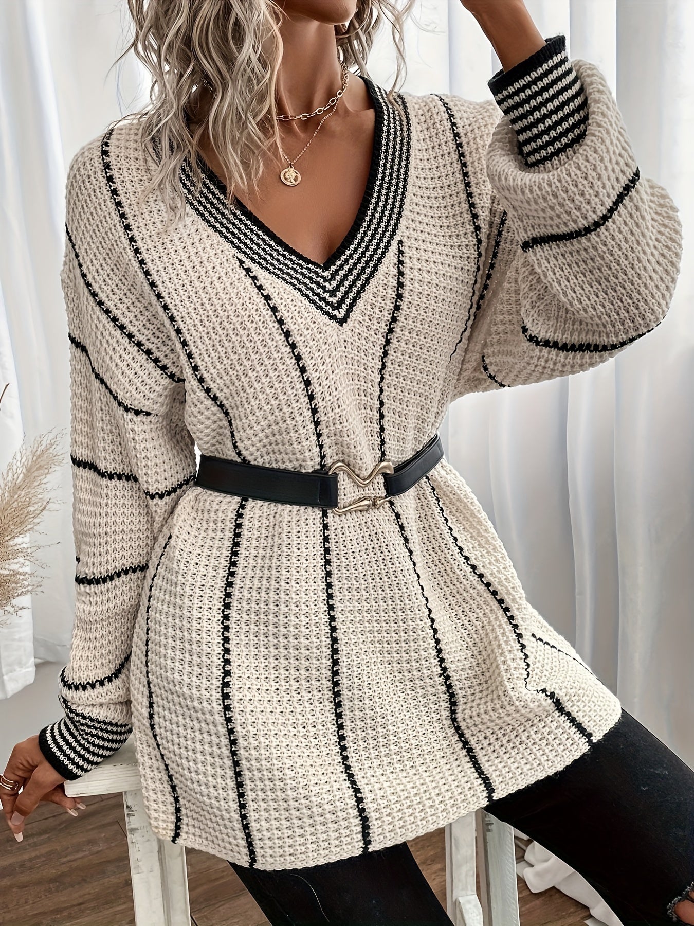 Striped V Neck Oversized Sweater, Casual Long Sleeve Comfy Sweater, Women's Clothing