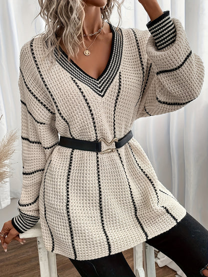 Striped V Neck Oversized Sweater, Casual Long Sleeve Comfy Sweater, Women's Clothing