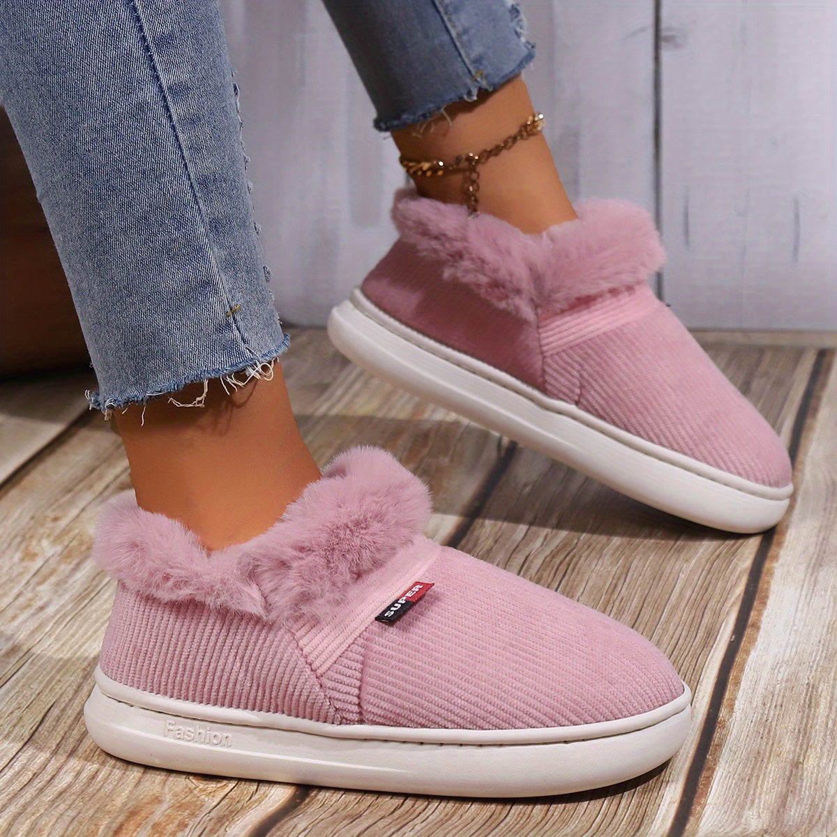 Ultra Soft Cozy Fuzzy House Slippers - Winter Warm Plush Lined Shoes for Men and Women - Cozy Corduroy Slip On Slippers with Fleece Lining for Cold Weather