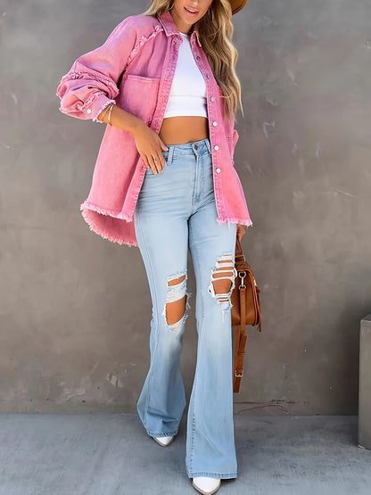 Women's Plus Size Denim Shacket with Raw Hem and Lapel Collar - Casual Button Up Long Sleeve Top for Oversized Comfort and Style