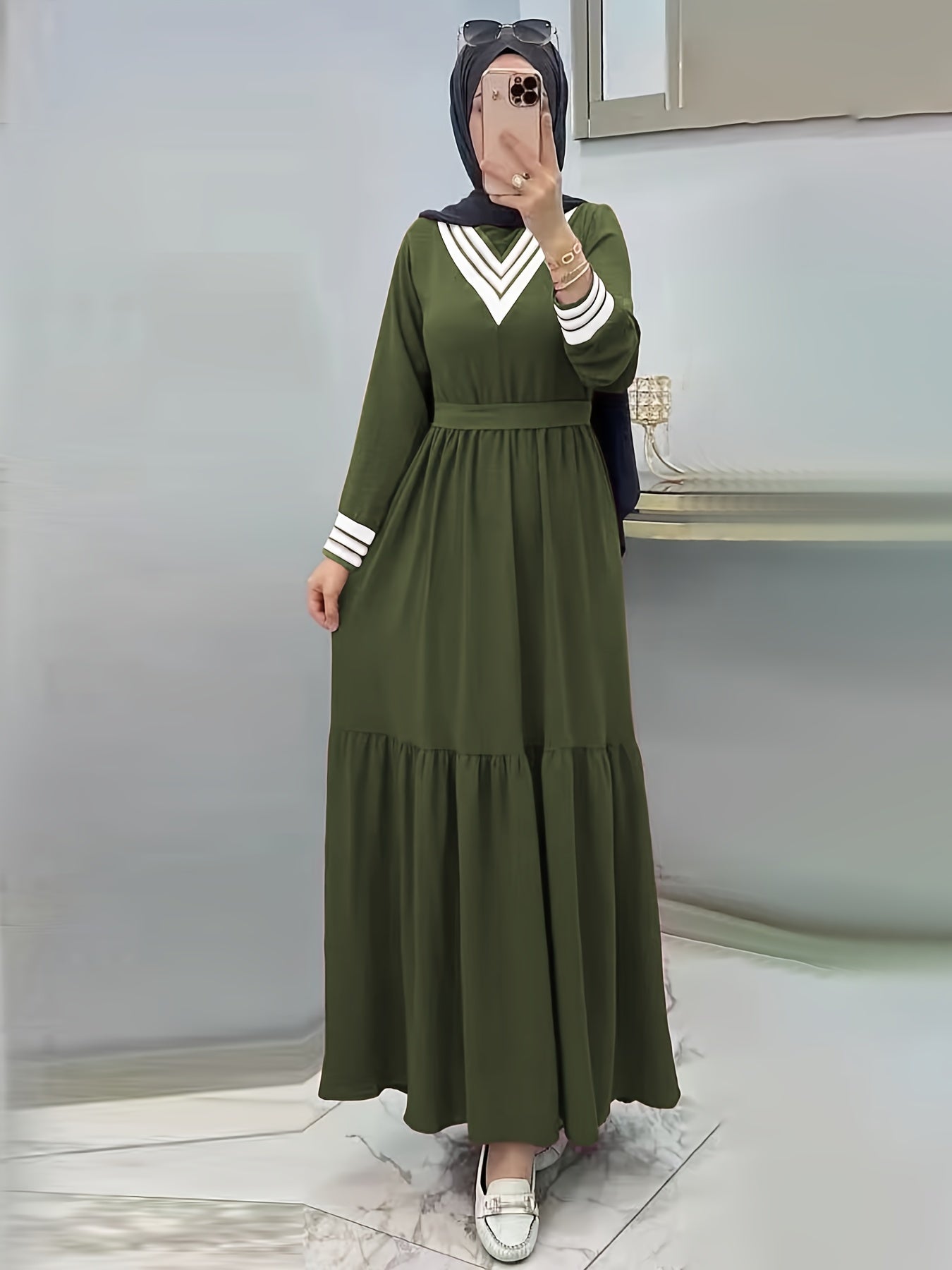 Ramadan Elegant Long Sleeve Tie Waist Maxi Modest Dress - Abayas for Women with Solid Color, Comfortable Wear, and Modest Fashion - Perfect for Islamic Occasions and Everyday Wear