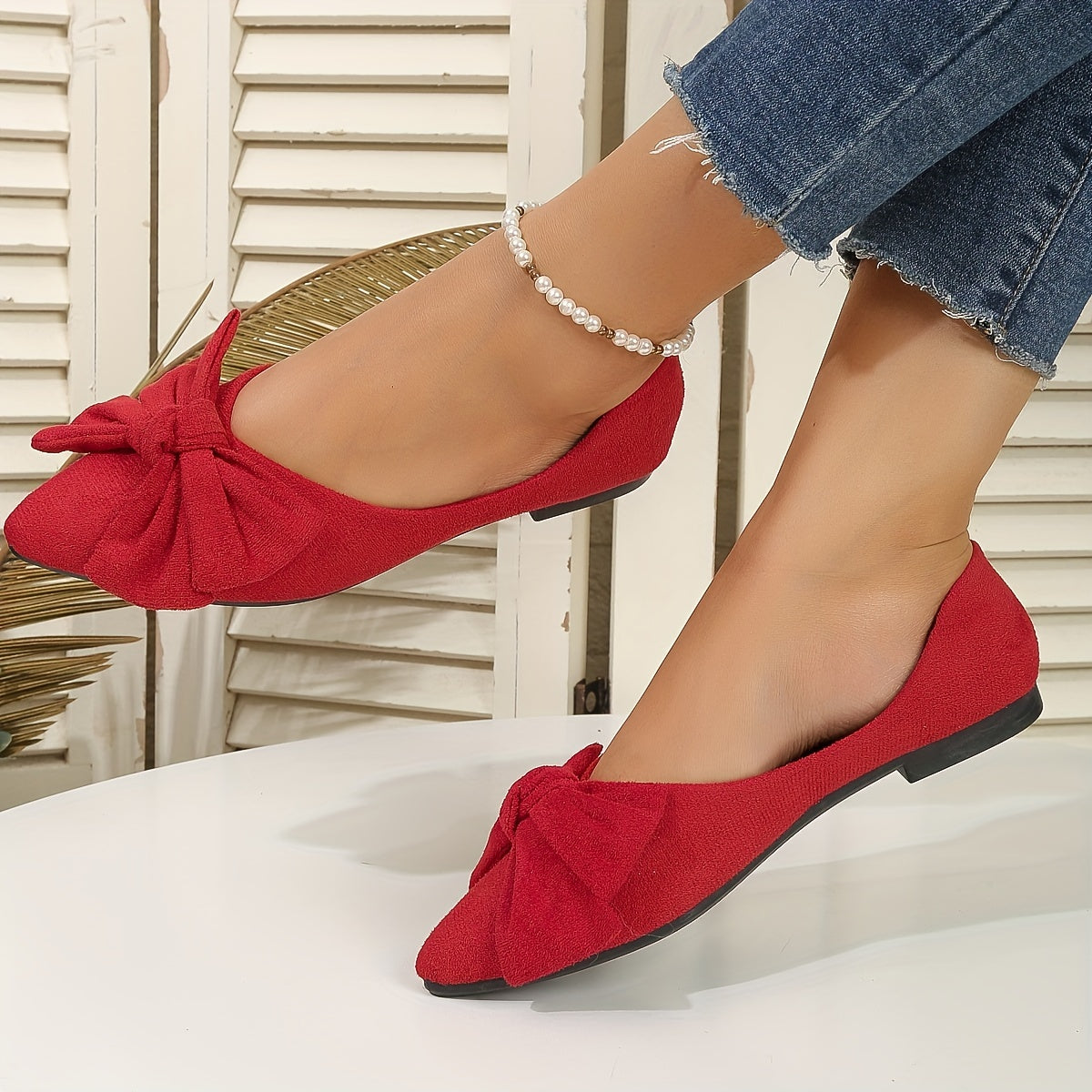 Lightweight Women's Elegant Point Toe Bowknot Decor Flat Shoes, Solid Color Dress Shoes