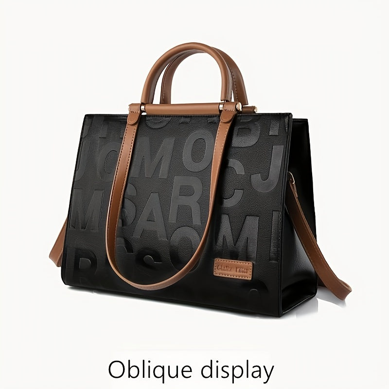 Classic Letter Embossed Tote Bag, Colorblock Shoulder Bag, All-Match Satchel Bag For Work