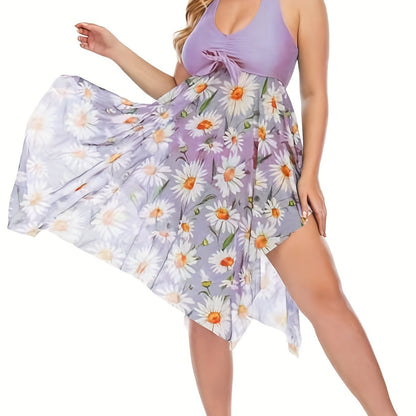 [Plus Size | Mesh] Plus Size Mesh Spliced Swimsuit | European and American Style Separated Skirt with Flower Print Irregular Hem Oversized Swimwear for Vacation