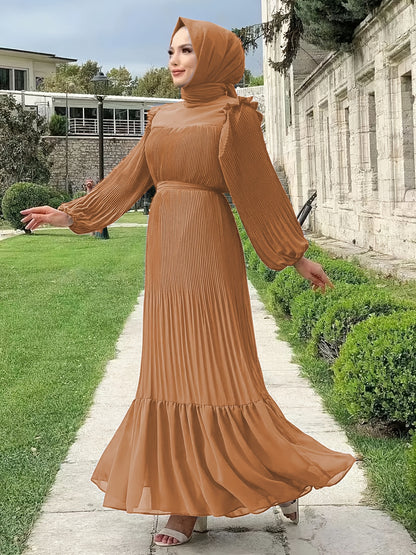 Ramadan Elegant Long Length Kaftan Dress - Polyester Solid Color Belted Maxi Dress with Ruffle Trim, Machine Washable, Casual Wear for All Seasons