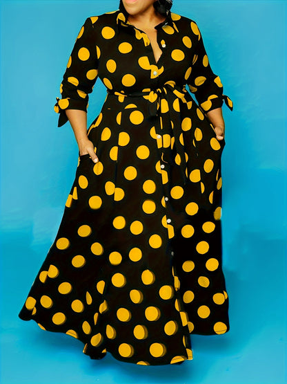 Elegant Plus Size Polka Dots Print Maxi Dress - Women's Button Up Collared Belted