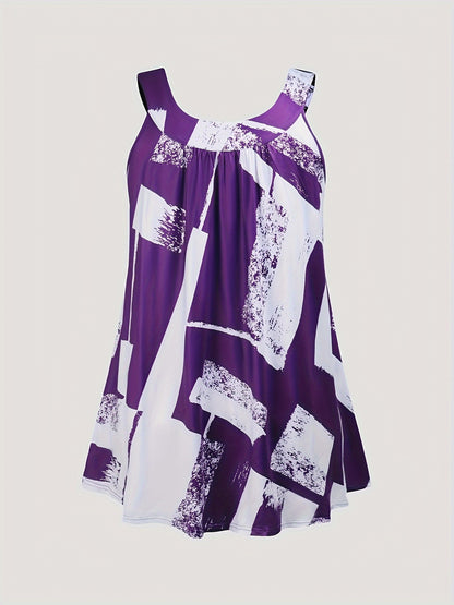 Plus Size Round Neck Colorblock Curved Hem Casual Tank Top