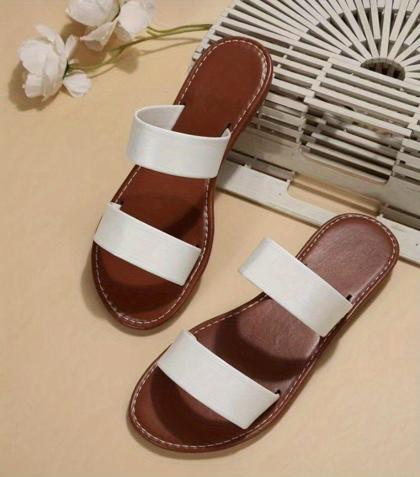 Women's Double Strap Slide Sandals - Casual Slip On Flat Summer Shoes, Lightweight - For Women - Perfect for Beach, Pool, and Casual Wear - Ideal Gift for Summer