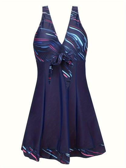 Plus Size Womens Vibrant Floral Print Tie Front V Neck One Piece Swimsuit - High Stretch, Comfortable, Vacation Essential - Polyester Knit Fabric, Random Printing, No Sheer