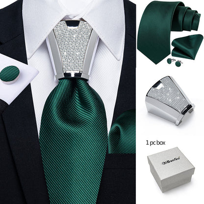 [For Business Silvery Necktie Set] Men's Necktie Silvery Ring & Handkerchief & Cufflinks Set For Business Accessories With Gift Box