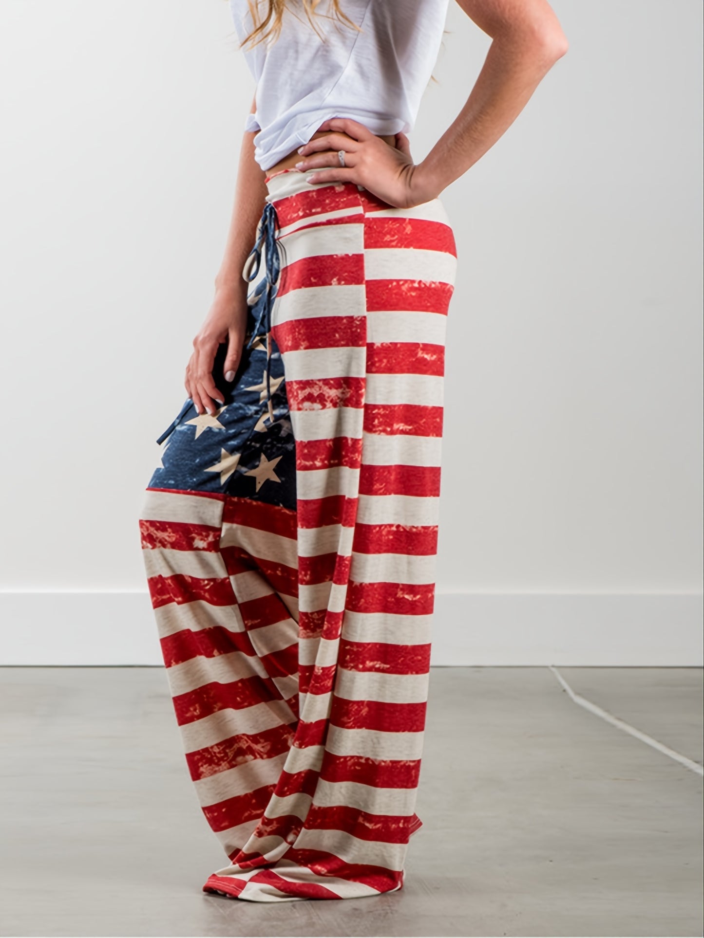 Plus Size Floral Print High Rise Drawstring Long Pants, Women's Plus Slight Stretch Loose Casual Pants