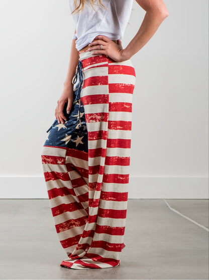 Plus Size Floral Print High Rise Drawstring Long Pants, Women's Plus Slight Stretch Loose Casual Pants