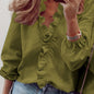 Ruffled Trim V Neck Shirt, Elegant Loose Long Sleeve Shirt, Women's Clothing