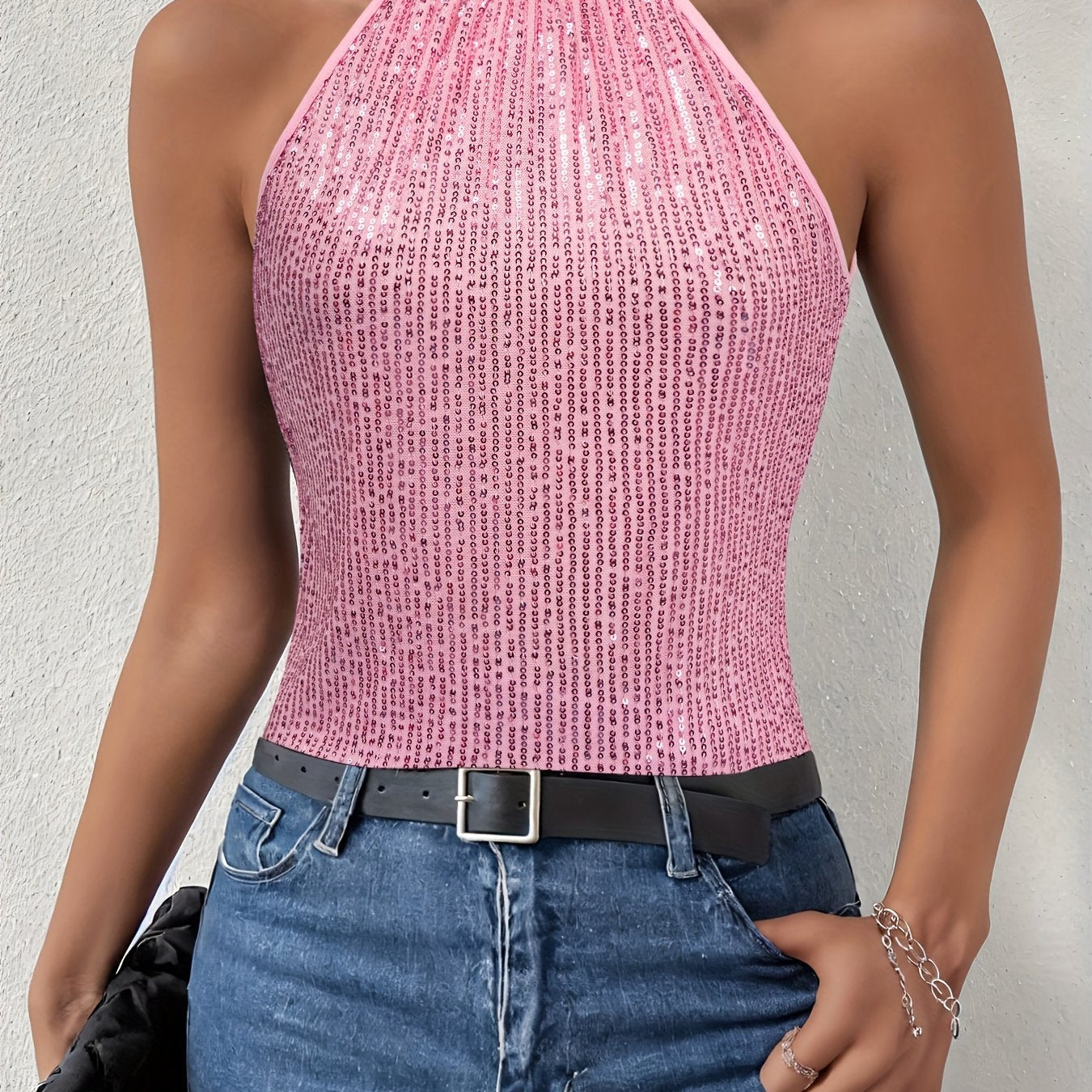 Sequined Tie Back Halter Top, Elegant Sleeveless Top For Summer, Women's Clothing