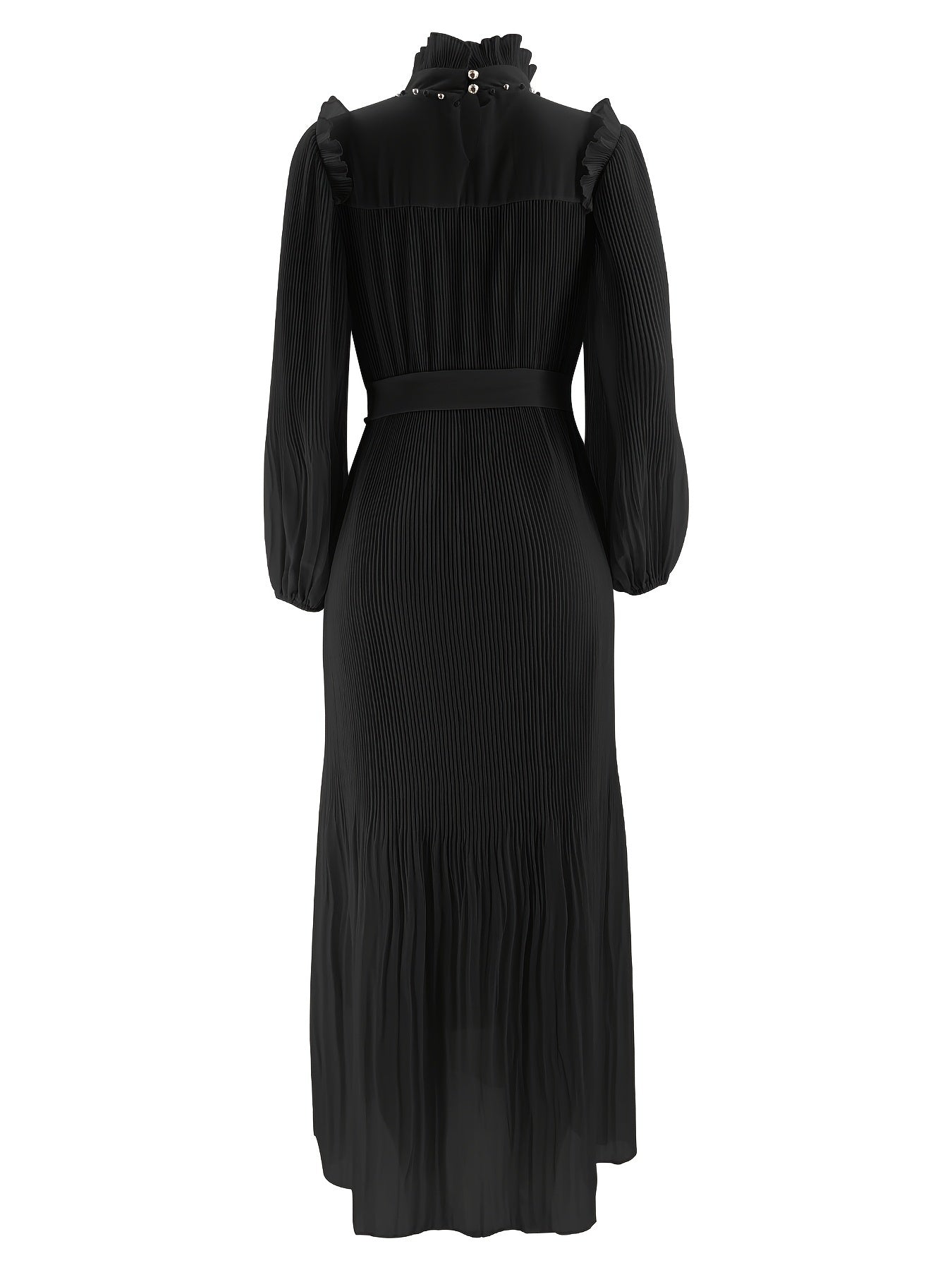 Elegant Pleated Maxi Dress for Women - Solid Color, Belted Waist, Long Sleeve, Machine Washable - Perfect for Ramadan & Casual Attire