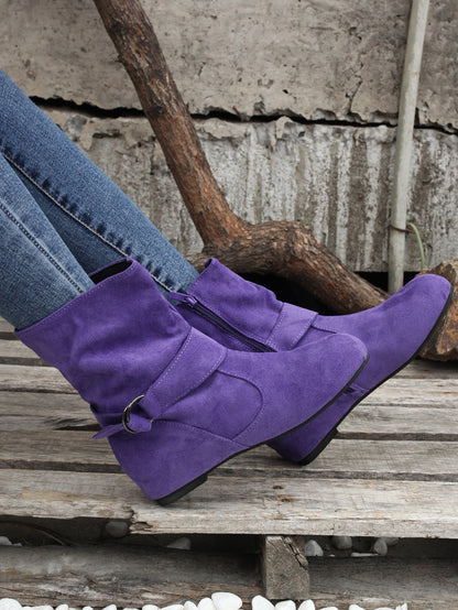 Womens Classic Solid Color Ankle Boots with Round-Toe Design - Fashion Buckle Belt & Side Zipper Closure - Ultra-Comfortable Outdoor Shoes for Stylish Adventures